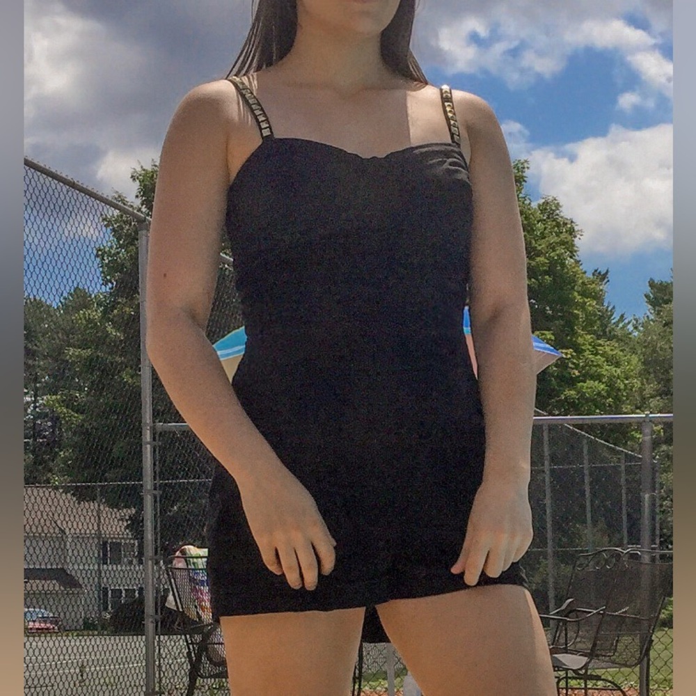 Black Romper with Gold Studded Straps